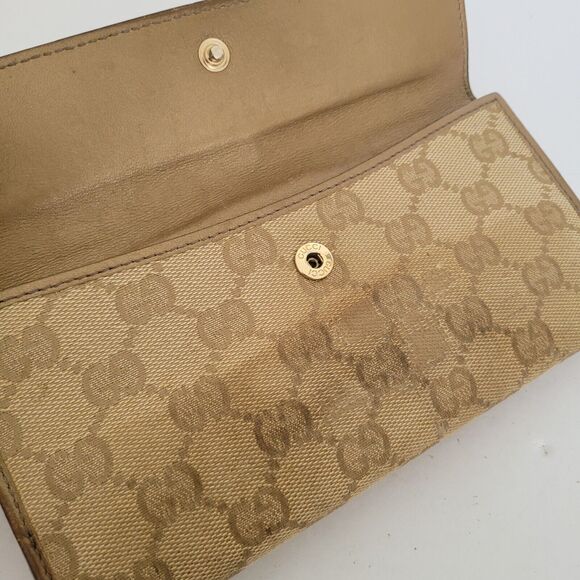 GUCCI Signature Heart Wallet Purse Leather Canvas Clutch Large Beige Tan Fair - Picture 9 of 12